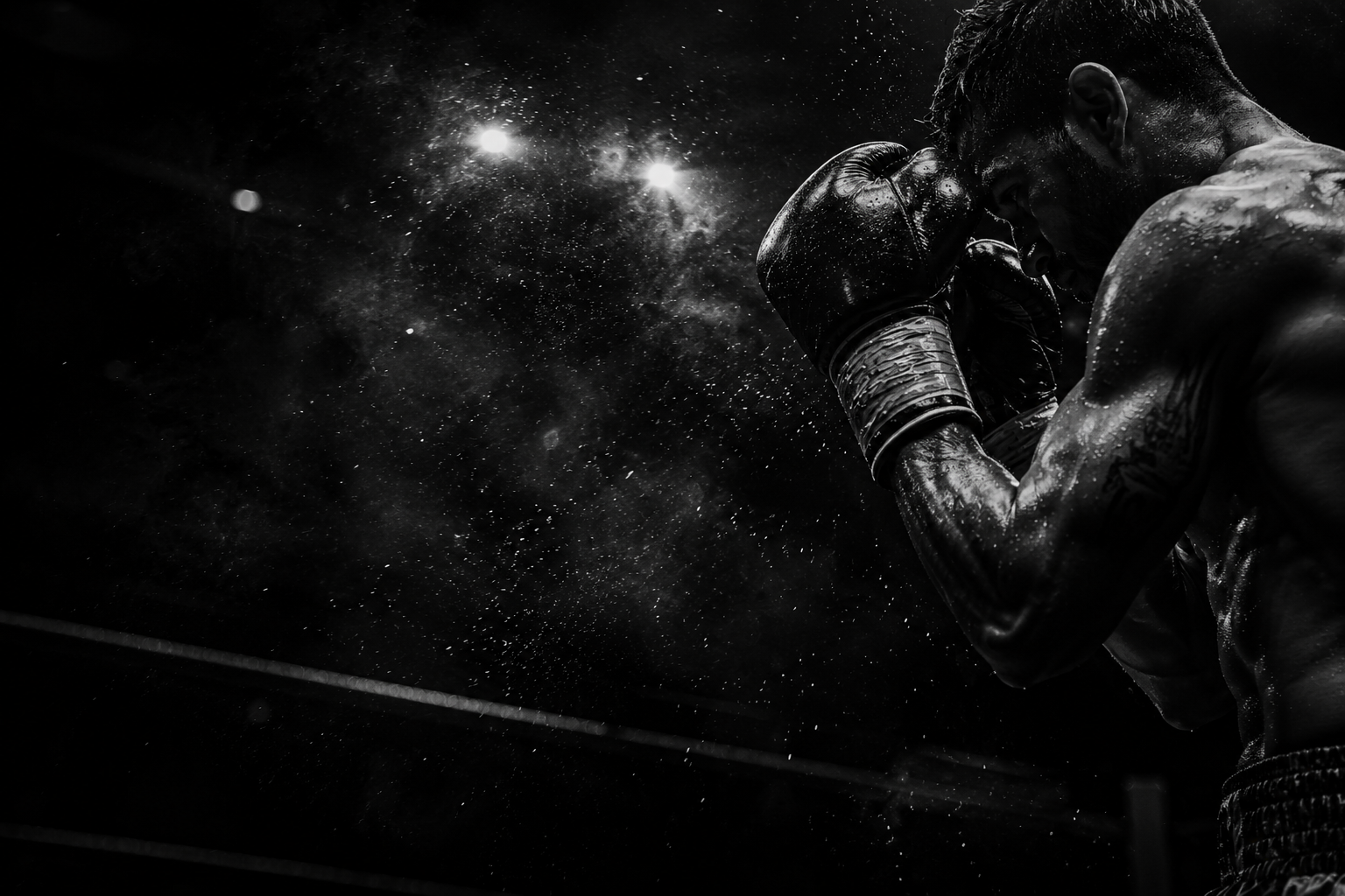 Boxer training in a dark, cinematic gym setting